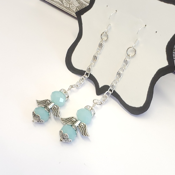 Handmade Frosted Blue Crystal Angel & Silver Chain Dangle Earrings - Picture 6 of 10